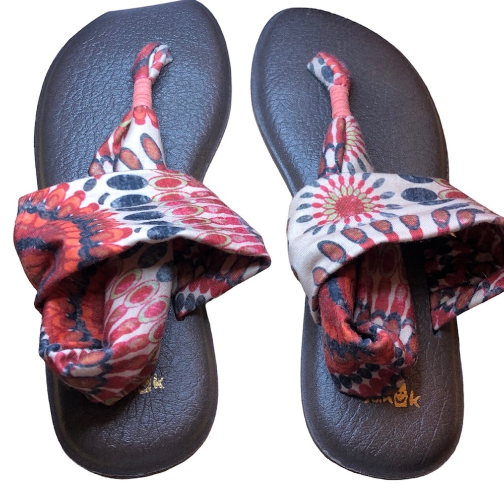 SANUK Size 9 Yoga Mat Sling 2 Print Sandals, Melon Pinwheel Comfort Bohemian